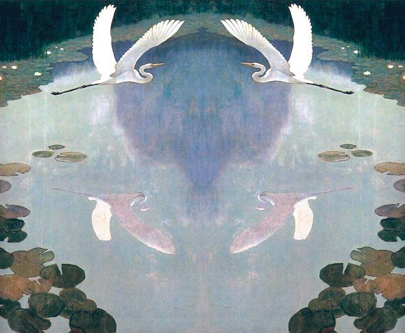 Painting of herons flying over a river in reflection and they are also reflected in the river beneath with lily pads. 
