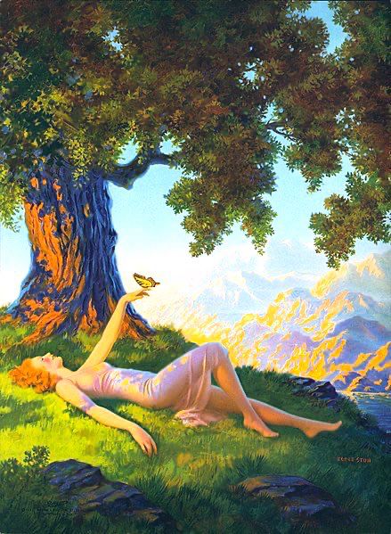 The artist’s wife lies on a grassy hill beneath a tree and sunshine, mountains in background, she has red hair and wears a pink dress, a butterfly rests upon her hand, painting. 