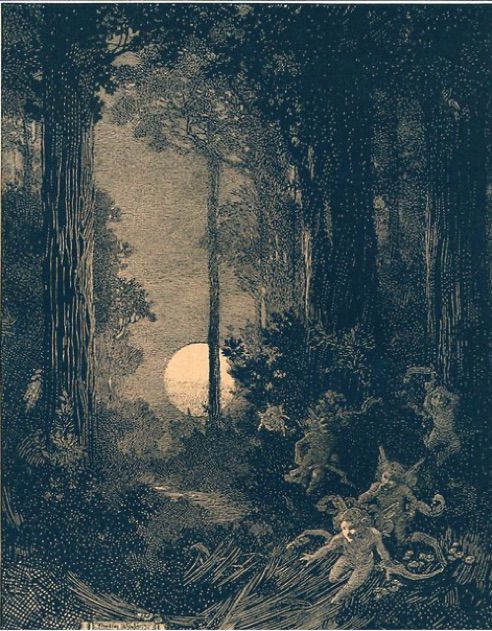 Full moon rising in woods, wood sprites, trees, illustration.