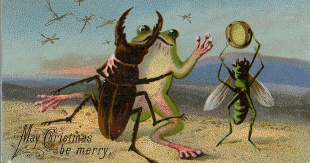 Victorian Christmas card: May Christmas be merry
Landscape with stag beetle dancing with a fog, a fly stands in the background holding something in the air, not sure what it is, in the distance the sky is filled with dragonflies/
