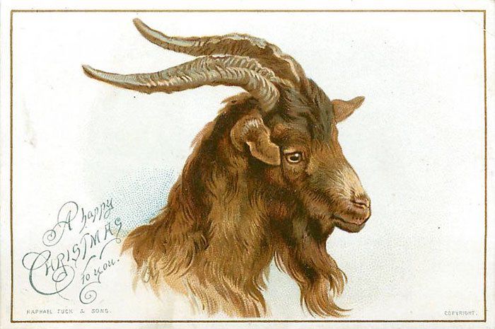 Vintage Christmas card, white background, head of horned brown goat, A Merry Christmas to you all.