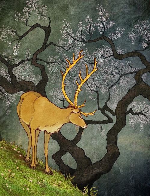 Hind on grassy hillside looking down beside blossomed tree, painting.