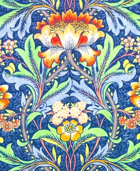 Stylized lilies, intertwining stems, leaves, and smaller flower clusters, creating a dense, repeating textile or wallpaper pattern. Very colourful ~ dominated by dark blues for the background, with green for the leaves, and oranges, yellows, and reds for the flowers.
