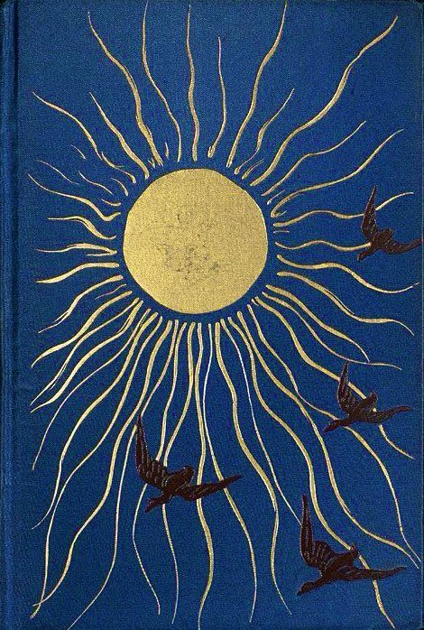 Blue cover with giant yellow sun with wavy rays and birds in flight in black across the rays.