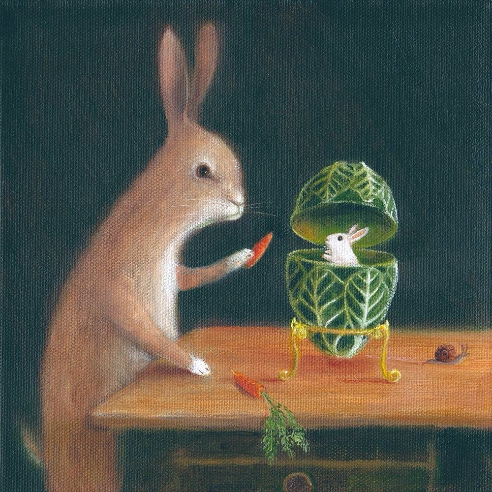Rabbit feeding a little white rabbit carrots sat in a cabbage faberge egg, snail on table, painting.