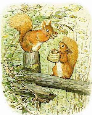 Two squirrels with basket of nuts on a fence with trees behind, illustration.