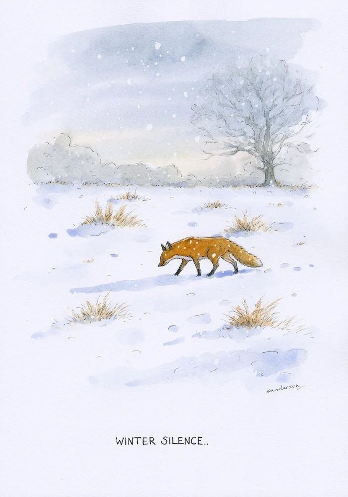 Fox walking in snowy landscape, snow falling, tree and distant woodland in background, ‘Winter Silence’, painting.