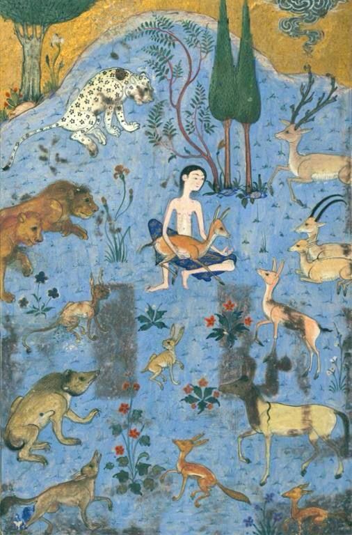 Persian miniature painting illustrating the story of Majnun among the wild animals. The artwork depicts a serene scene where a man, identified as Majnun, is seated in a blue, water-filled landscape surrounded by various wild animals. 
Majnun is shown seated with a deer in his lap, which is eating from his hand. 
A variety of animals, including a lion, leopard, deer, antelopes, rabbits, a fox, and a bear, peacefully gather around him.
The background is a stylized blue environment representing a desert or a mystical place, with some sparse vegetation and trees.
The story of Layla and Majnun is a classical tale of unfulfilled love, where Majnun goes mad and lives in the wilderness, and the wild animals gather around him, drawn by his devotion. 