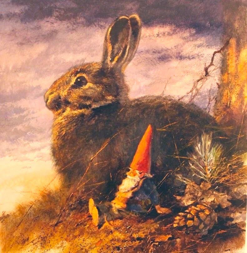 Gnome sat next to rabbit on hillside, illustration.