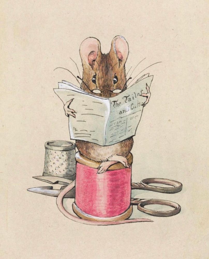 Mouse reading  paper is sat cross legged on a spool of pink cotton, scissors and thimble behind, illustration.