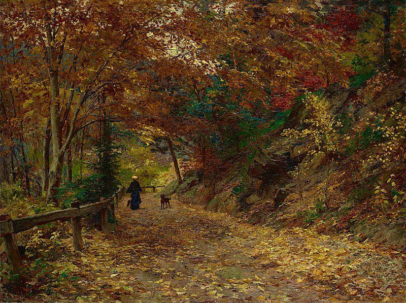 Autumn walk through woodland, painting. 