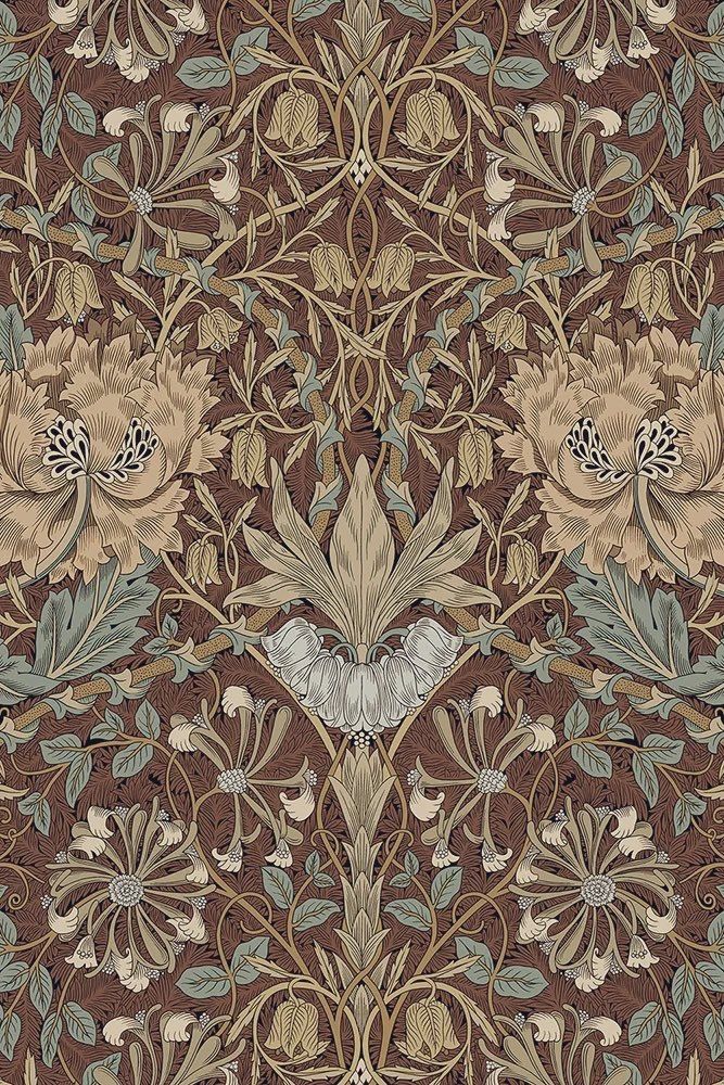 Brown, white and green flowers and foliage in repeating pattern for wallpaper design.