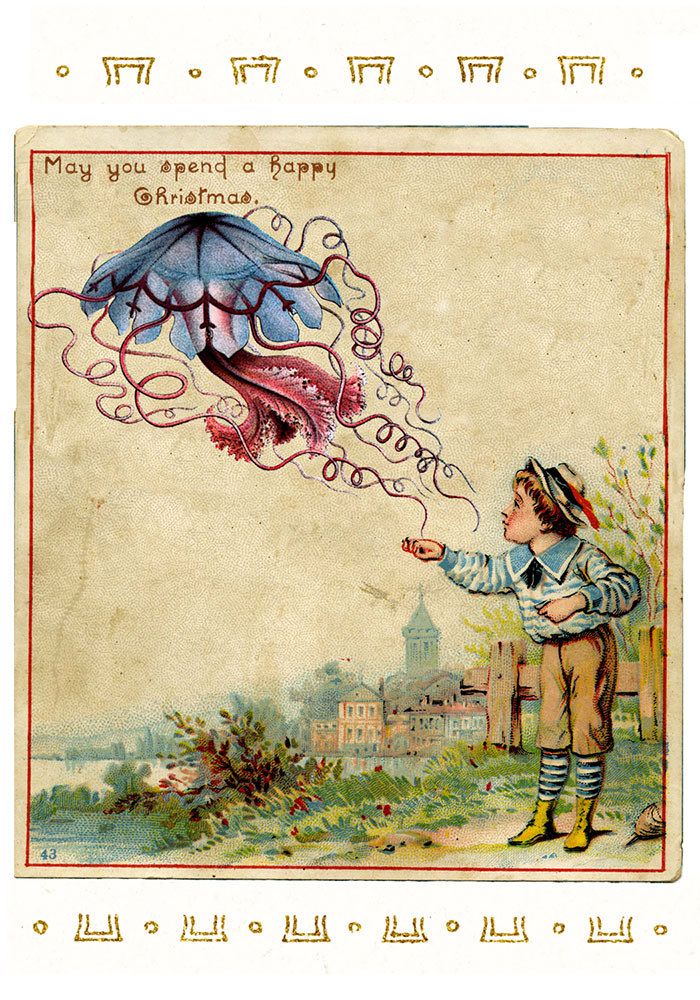 Victorian Christmas card, ‘May you spend a Happy Christmas!’ Illustration of boy with jellyfish kite, town and water in distance.