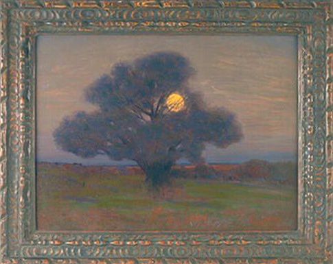 Framed painting of full moon seen through branches of solitary tree in autumnal landscape at night. 