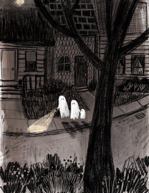 Three ghosts, a family, walking a residential street, one is holding a torch and its light shines ahead of them on the footpath, tree and shrubbery in foreground, illustration.