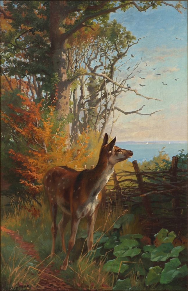 Deer on edge of forest by fence overlooking sky on horizon, painting. 