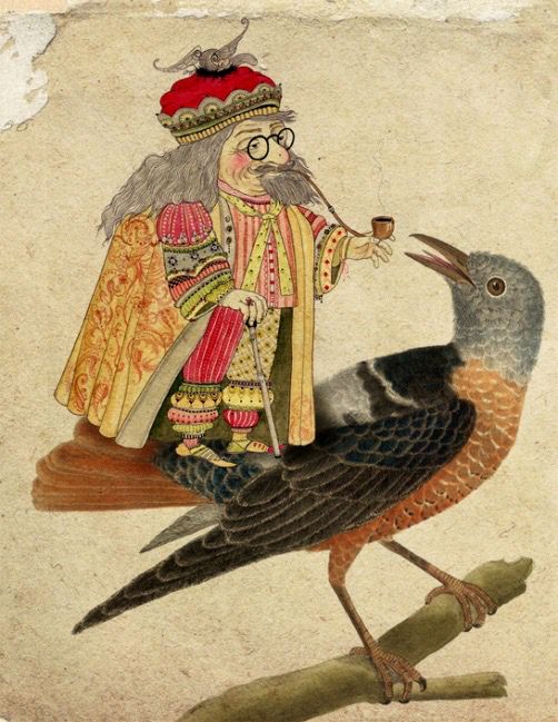 Illustration of small, elderly, bearded man riding on the back of a large bird. 
The old man has a long grey beard, is wearing glasses and a red and yellow ornate outfit, including a crown-like red hat. He holds a walking stick and a smoking pipe. He is perched atop a large bird with dark blue/black wings and an orange/rust-colored breast, which is sitting on a branch.