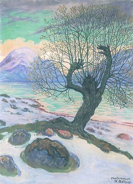 Wintered tree in snow landscape, mountain, cloud and turquoise sky backdrop, the tree looks like a person rising from the earth with two main branches as arms. Painting.