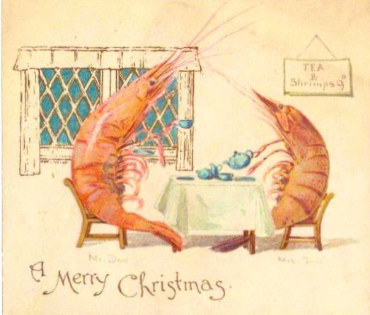 Vintage Christmas card, A Merry Christmas, illustration of two prawns sat at a table drinking tea, window behind.