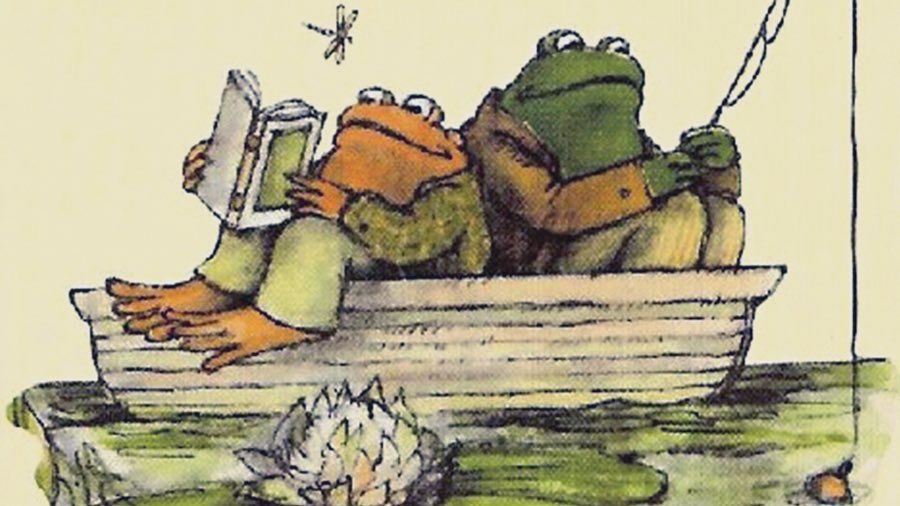 Frog and toad in a boat, one fishing, one reading, a dragonfly, a lily pad, illustration.
