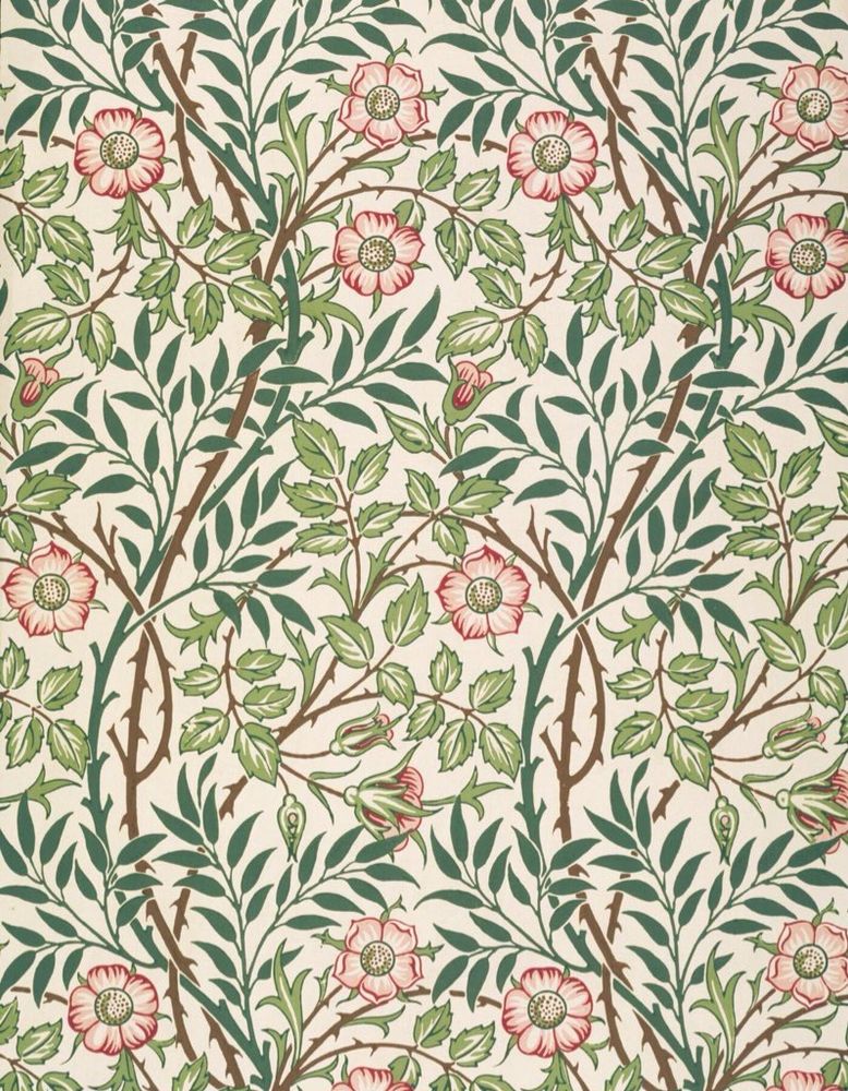Sweet Briar wallpaper design for Morris & Co by J.H. Dearle in 1912. This pattern features a repeating motif of delicate pink rose heads blooming amidst barbed, woody stems and curling green leaves.