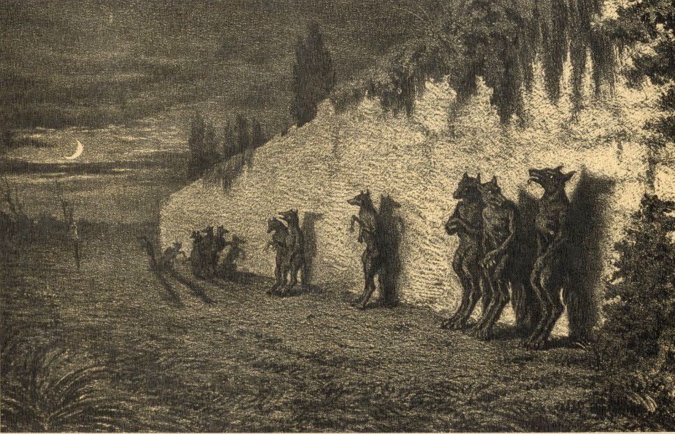 Werewolves leaning against the wall of a cemetery at night, crescent moon. Lithograph.