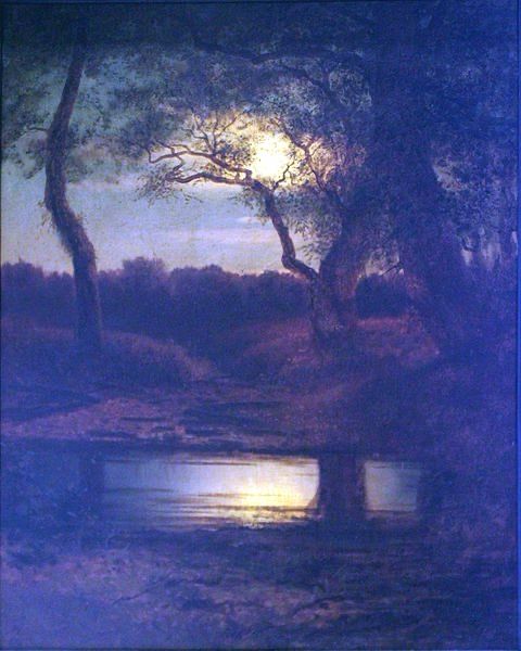 River, trees, night, moon over landscape, painting.