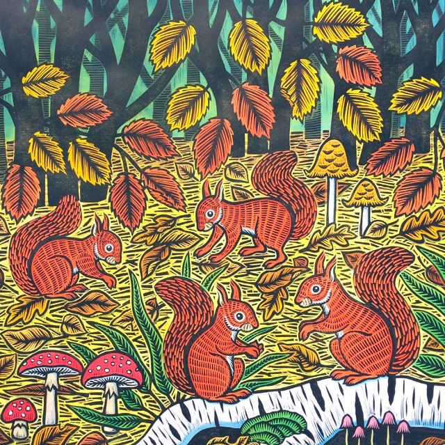 Four red squirrels foraging amongst the autumn leaves, toadstools and fungi, painting.