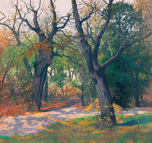 Autumn woodland scene, painting.