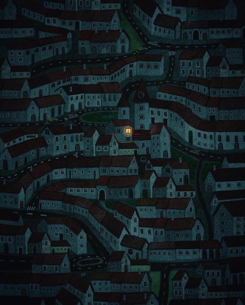 Sleepless Nights by Francisco Fonseca. Painting depicts a dense, winding town at night, with most of the houses dark. A single window in the centre of the image is brightly illuminated, suggesting one person is awake while the rest of the town is asleep.