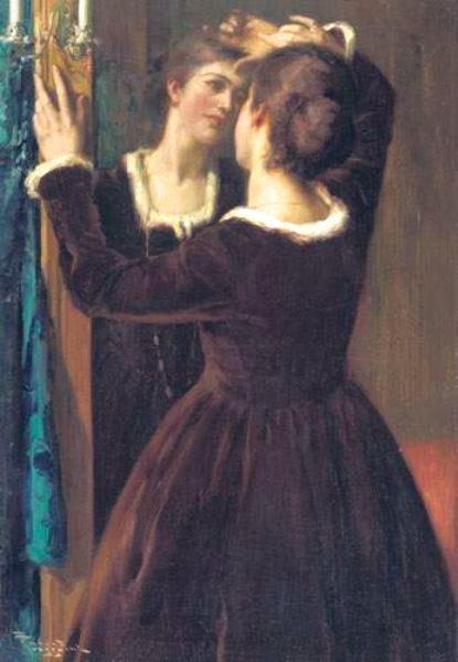 Woman in burgundy brown gown with white collar and edges to sleeves looking in long mirror, a turquoise dress can be seen to one side. Painting.