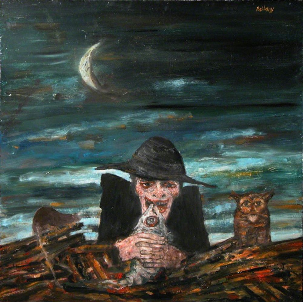 The Witch by John Bellany is an expressive oil painting depicting a witch with a wide-brimmed black hat, smiling, holding a fish. An owl sits to the right of the witch and a crescent moon hangs in the  night sky.