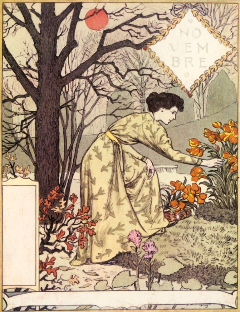 Art Nouveau illustration for the month of November by the artist Eugène Grasset. It is part of a series of twelve plates titled "Les Mois" (The Months), which was originally published as a calendar in 1896. 
The illustration depicts a woman in a long, yellow dress with a bird pattern, kneeling in a garden. She is reaching out to touch a cluster of orange flowers. 
The scene is set in autumn, with bare-branched trees and some red-leafed plants on the ground. 
In the top right corner, a diamond-shaped frame contains the text NOVEMBRE.