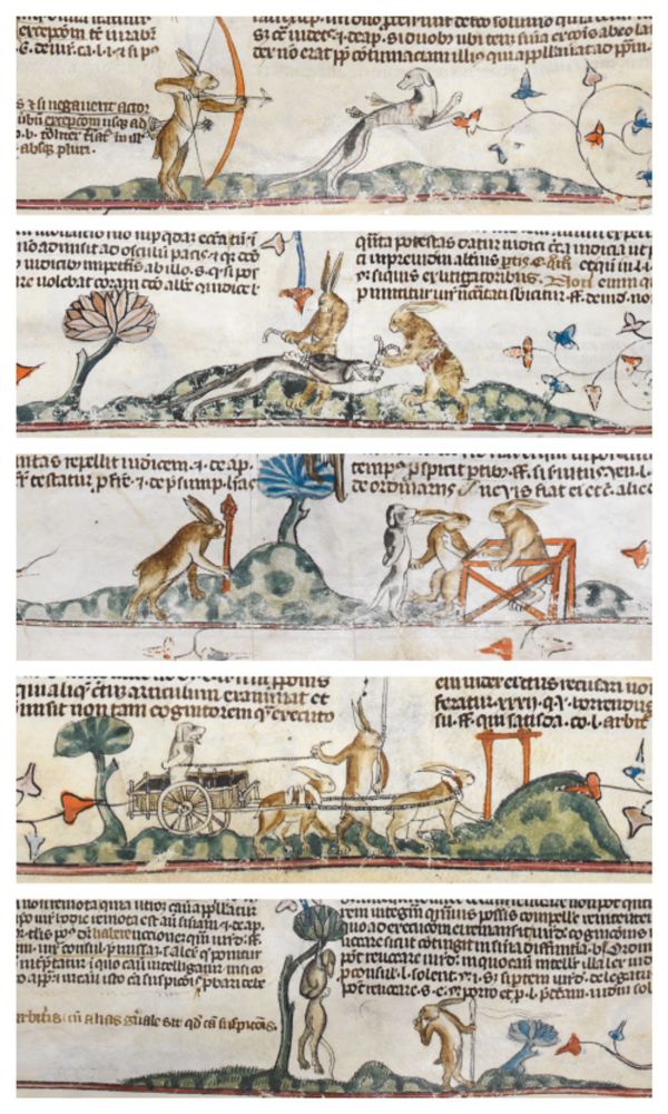 ‘Rabbits capture, try and execute a hound. The Smithfield Decretals, decorated in London, England, in the 1340s: Royal MS 10 E IV, f. 62r-64r.’ ~ British Library
A series of marginalia over a number of pages which show the hound being hunted, caught, tried, taken to a place of execution and hung. 