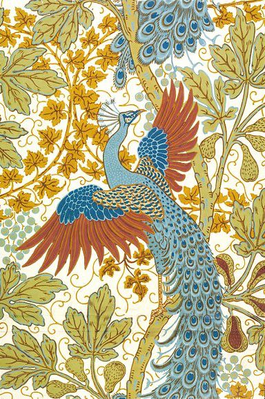 Fig and Peacock wallpaper, designed by Walter Crane (1845-1915) around 1895 and produced by Jeffrey & Co. It features a majestic peacock with outstretched wings and a flowing tail, rendered in shades of blue, green, and reddish-brown, amidst the lush foliage of a fig tree.
