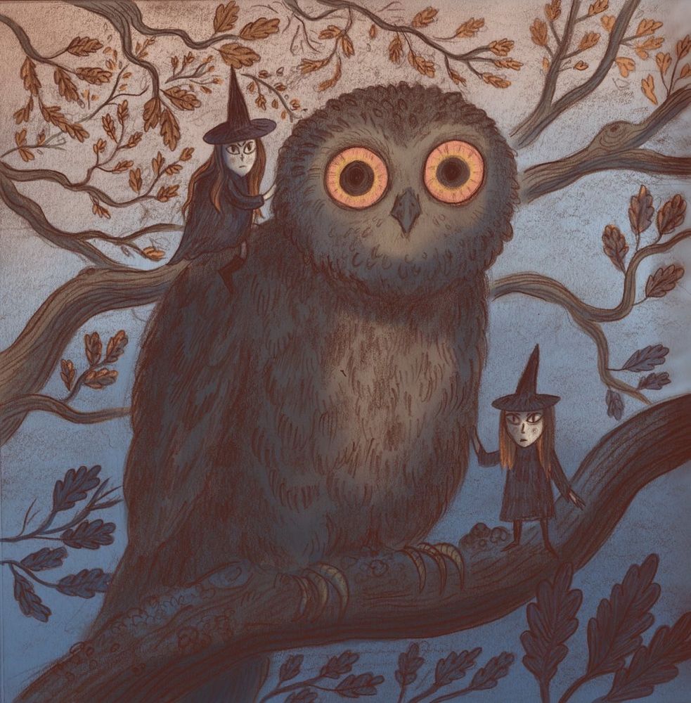 Wide eyed owl on branch accompanied by two small witches either side, autumn leaves, painting.