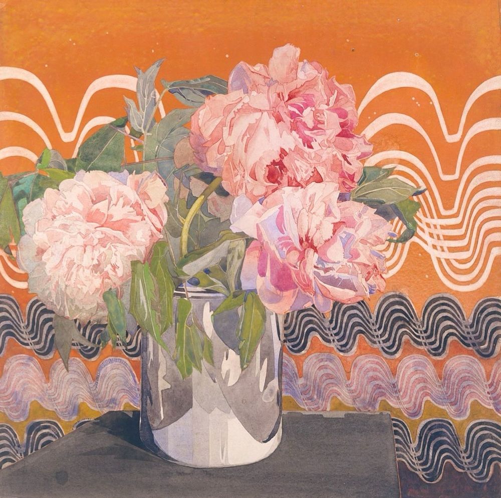 Pink peonies in a vase, orange and white and black stylised wallpaper background, painting.