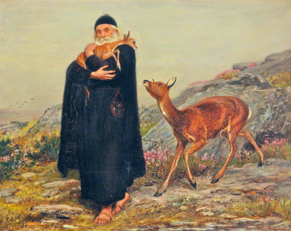 St Patrick shown on a stony rural landscape with a deer beside him whilst holding a fawn. Painting.