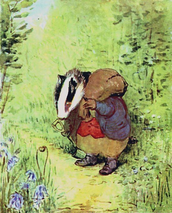 Illustration of Tommy Brock with spade and sack over his shoulder, amongst bluebells in grassy scene.