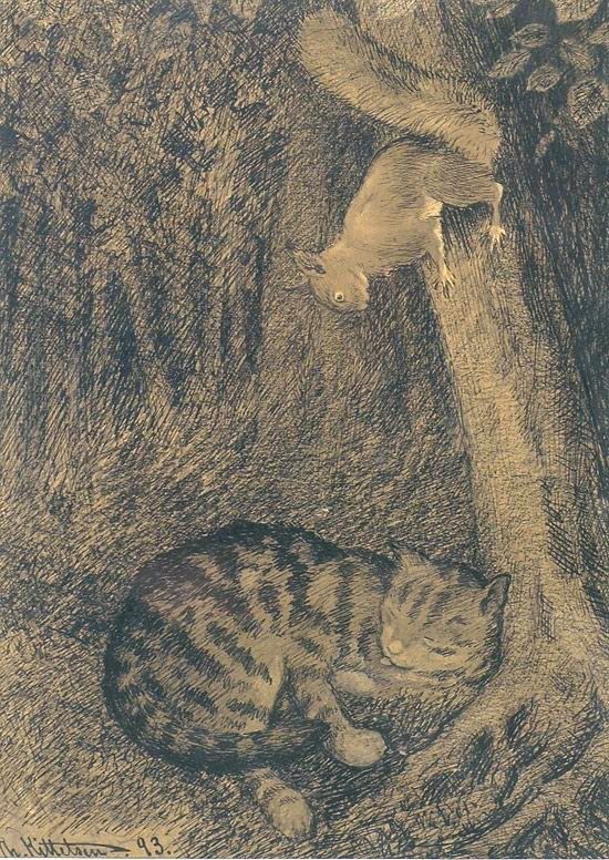 Cat sleeping at base of a tree watched by a squirrel above in a forest scene, illustration.