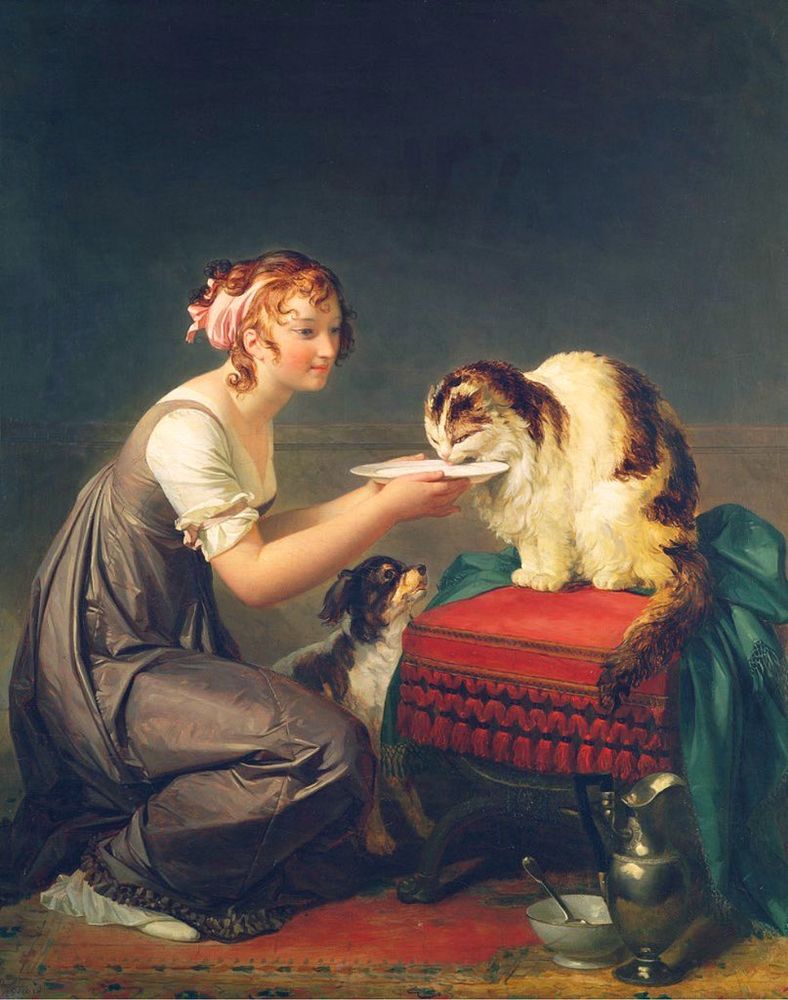 The Cat's Lunch" by French artist Marguerite Gérard. 
Description of the Painting:
Central Figures:
The painting depicts a young woman in 18th-century attire, kneeling and offering a saucer of milk to a large, fluffy cat. A small dog sits beside her, looking up at the scene.
Setting and Details:
The scene takes place indoors, likely in a domestic setting, with a dark background. The cat is perched on a red, cushioned footstool, which adds a touch of richness to the scene. A metal jug and a bowl are visible on the floor near the footstool.