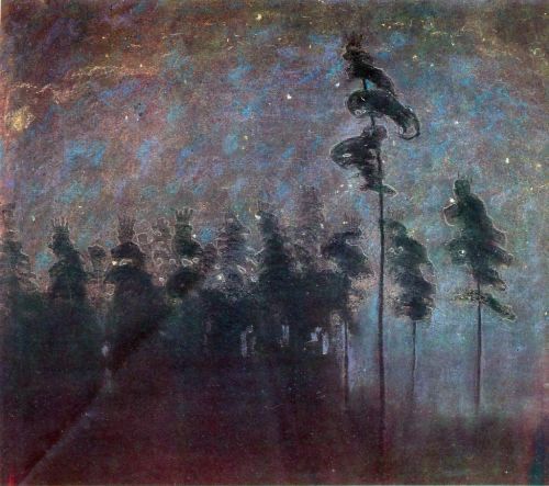 Forest silhouetted against a starry night sky, painting.