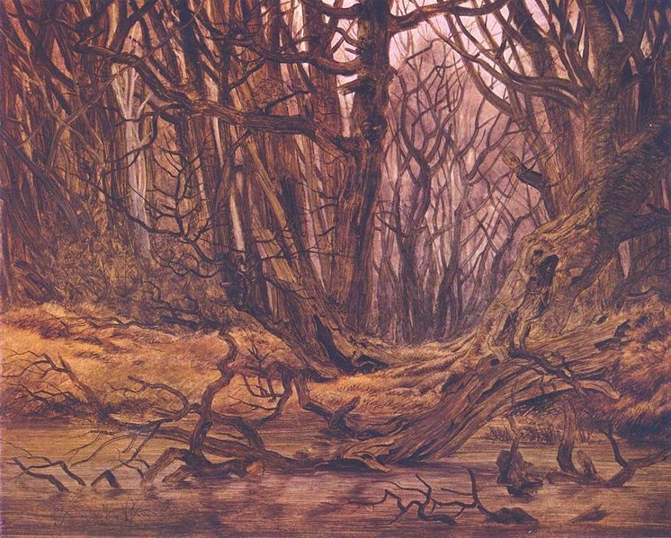 Painting of forest in deep, autumnal colours and unleafed trees. 
