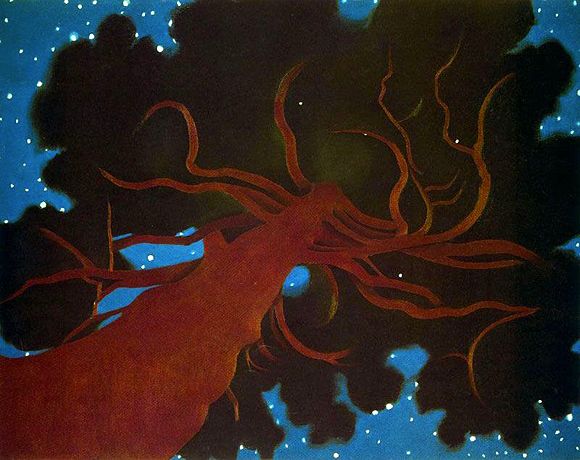 Red-brown barked tree seen from below looking up into its branches and canopy under a starry night sky, painting.