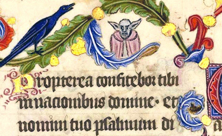 Illuminated MS with marginalia, blue bird and devil like creature in pink cloak with blue skin and long ears, some text and foliage design 