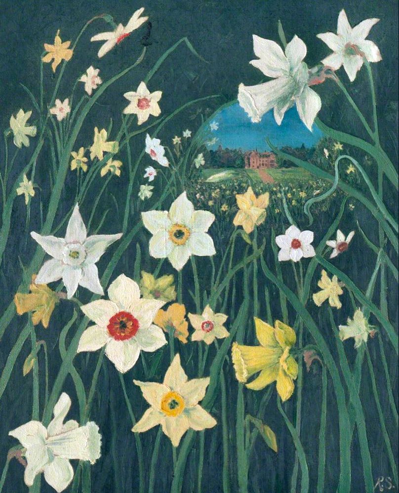 A field of daffodils of many varieties, house in very distance.