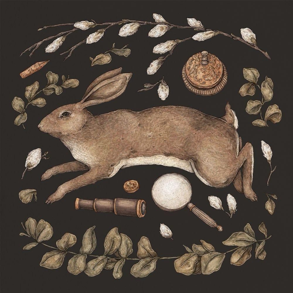 Hare surrounded by foliage, feathers, telescope, magnifying glass, painting.