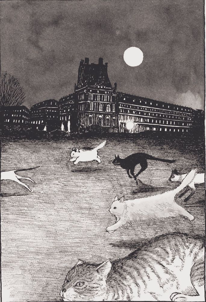 The image is an illustration from Taiyo Matsumoto's graphic novel, Cats of the Louvre. It depicts a nocturnal scene featuring several cats in motion, running in front of the iconic Louvre Museum in Paris, which is illuminated under a full moon.