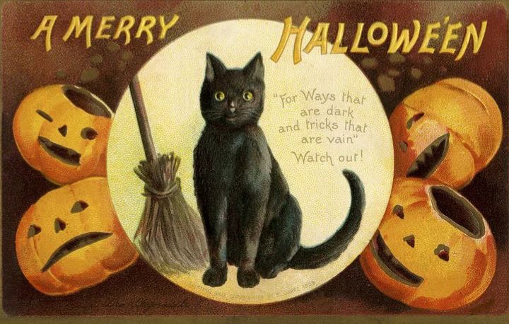 Vintage Halloween card with black cat in centre sat by broomstick in middle of full moon surrounded by four pumpkins. 
‘A MERRY
HALLOWEEN’
"for Ways that are dark and tricks that are vain"
Watch out!
