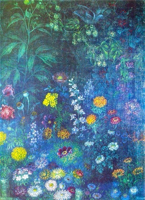 Garden flowers of many colours, painting. 